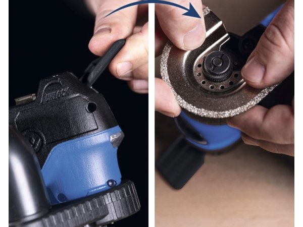 Scheppach multicutter C-MT40-X 20V, solo. Billedet viser produkt og tilbehør.