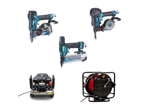 Tjep kompressorsæt Tjep kompressorsæt med slangeoprul, Makita AF550H HP, F18 stiftepistol, Makita AN510H HP, sømpistol og Makita AN250HC HP, beton sømpistol.