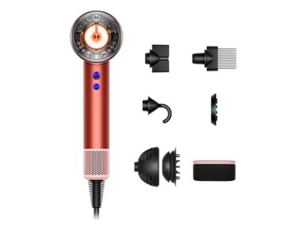 Dyson Supersonic Nural strawberry/bronze Dyson Supersonic Nural strawberry/bronze hårtørrer. Billedet viser produkt og tilbehør.